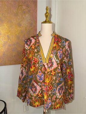 Boho Printed V-Neck Tunic Top in Olive Multicolored